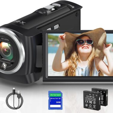 2.7K Video Camera QHD 56MP Camcorder 16X Digital Zoom YouTube Vlogging Camera 270 Degree Rotation Screen Camcorders Webcam with 32G SD Card and 2 Batteries